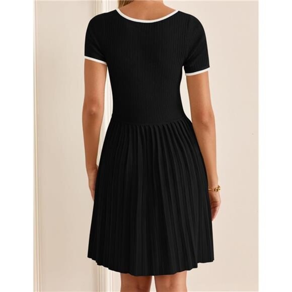 Ribbed Square Neck Color Block Pleated Mini Dress Short Sleeve A-Line - Picture 3 of 7